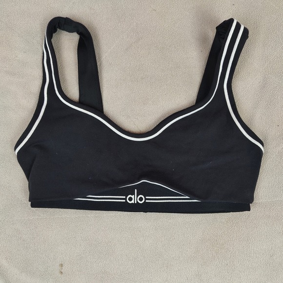 Alo Airbrush Heart Throb Sports Bra Womens XS Black White Pinstripe Yoga Gym - Picture 2 of 6